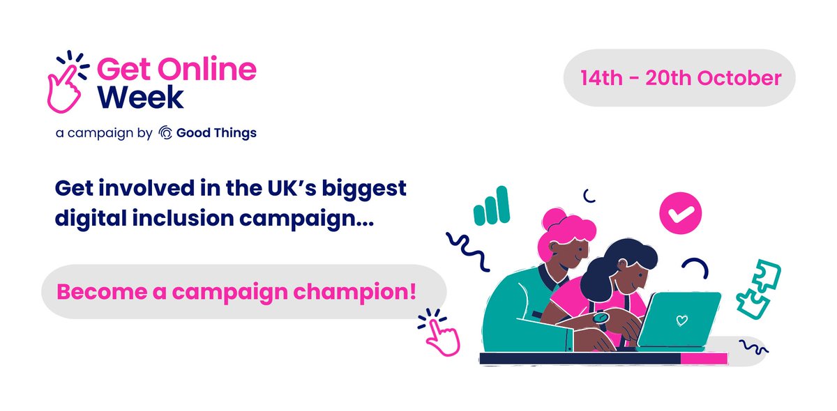 Want to get involved in the UK's biggest digital inclusion campaign?

Become a #GetOnlineWeek Campaign Champion to show your support for changing the lives of people experiencing digital exclusion!

Find out more in our Campaign Champions guide at bit.ly/4evMSML.