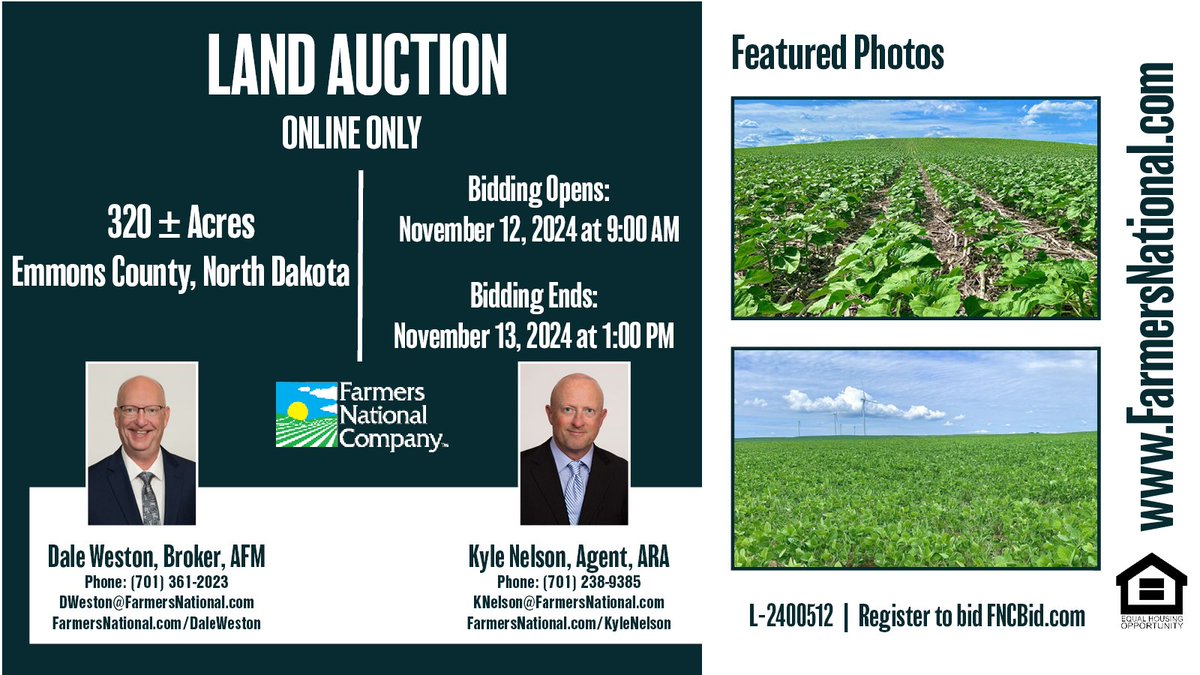 FarmersNational's tweet photo. Land Auction!
Online-only auction.
320 acres in Emmons County, #NorthDakota.

Available to #farm in 2025. Tract 1 is near Hazelton. Tract 2 is southwest of Linton near the Missouri River.

🔗: https://t.co/re3tfQI7gW https://t.co/9reJTtHaBn