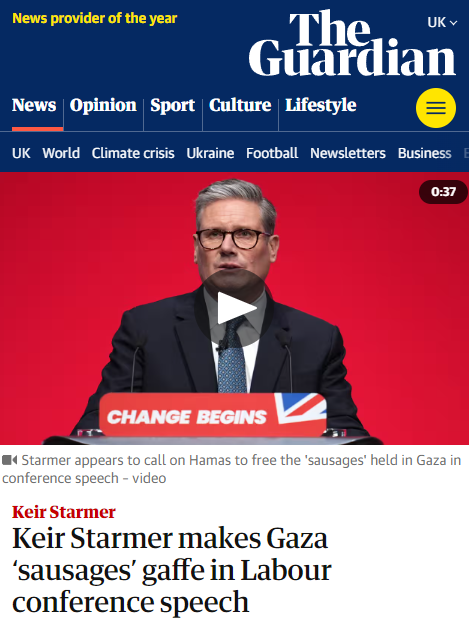 LeeHarris's tweet photo. I can't stop laughing. Keir Starmer's hour long speech was a complete and utter disaster. 

The ONLY thing people are talking about on social media and in MSM is the 'return of the sausages'.

Glorious 🤣 https://t.co/zmK91aAsqw