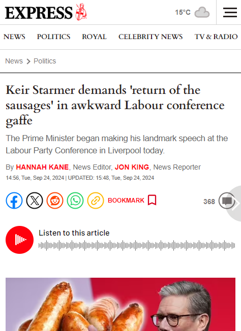 LeeHarris's tweet photo. I can't stop laughing. Keir Starmer's hour long speech was a complete and utter disaster. 

The ONLY thing people are talking about on social media and in MSM is the 'return of the sausages'.

Glorious 🤣 https://t.co/zmK91aAsqw
