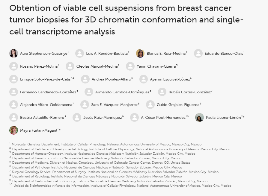 Estudio que muestra el protocolo detallado que produce suspensiones celulares limpias y viables para realizar Hi-C y scRNA-seq a partir de biopsias de tumores de mama. DOI. 10.3389/fmolb.2024.1420308, participación del <a href="/incmnszmx/">INCMNSZ</a> <a href="/yaninchavarri/">Yanin Chávarri</a> y cols.