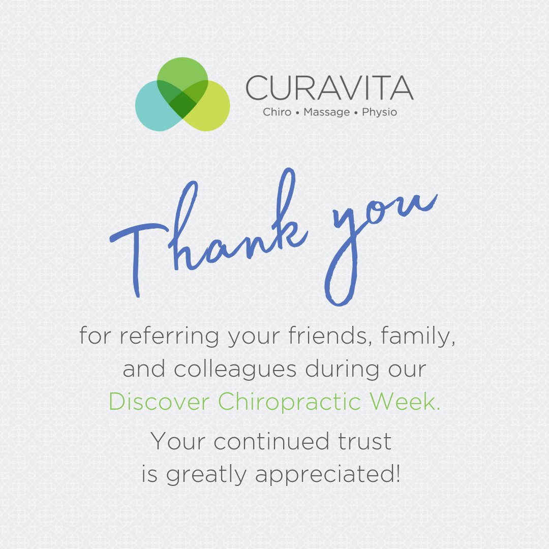 CURAVITAGlebe's tweet photo. From our team at CURAVITA Health Group we would like to thank our patients and friends of the Clinics for your referrals during Discover Chiropractic week! We are grateful for your trust and support in helping our community achieve better health! https://t.co/Pbde8nV7Cq