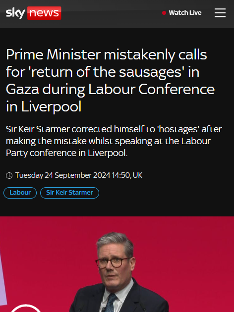 LeeHarris's tweet photo. I can't stop laughing. Keir Starmer's hour long speech was a complete and utter disaster. 

The ONLY thing people are talking about on social media and in MSM is the 'return of the sausages'.

Glorious 🤣 https://t.co/zmK91aAsqw