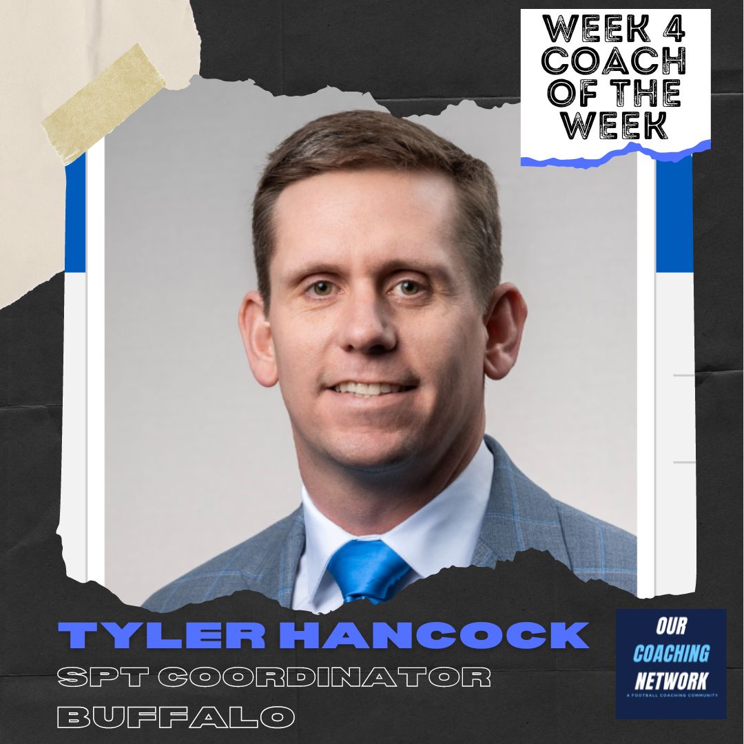 OurCoachingNet's tweet photo. 🏈SPT Coordinator of the Week🏈

Following @UBFootball's 23-20 win against #23 NIU, @TQHancock is our G5 STC of the Week presented by @ourcitycoffee ☕️

Had a huge blocked FG &amp; then game winning FG in OT to win it, Avg 41 Yards/Punt, &amp; had 0 KOR yards 👏

Coach of the Week🧵👇 https://t.co/mNU1wxL8mi