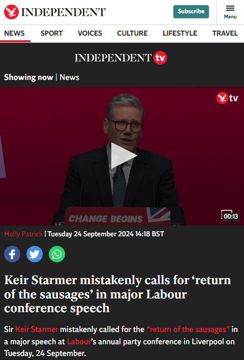 LeeHarris's tweet photo. I can't stop laughing. Keir Starmer's hour long speech was a complete and utter disaster. 

The ONLY thing people are talking about on social media and in MSM is the 'return of the sausages'.

Glorious 🤣 https://t.co/zmK91aAsqw
