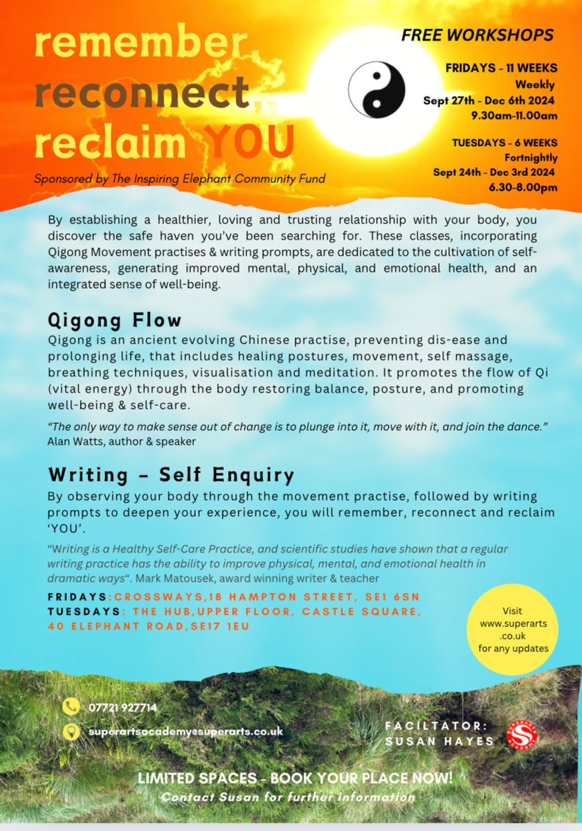Creative Network Southwark (@cnsouthwark) on Twitter photo Qigong and writing practice sessions 🌅
Spaces available for the Tuesday sessions!
Contact superartsacademy@superarts.co.uk to book ✅
#qigong #flow #writing #journalling #mentalhealth #southwark #health #movementpractice #selfcare Qigong and writing practice sessions 🌅
Spaces available for the Tuesday sessions!
Contact superartsacademy@superarts.co.uk to book ✅
#qigong #flow #writing #journalling #mentalhealth #southwark #health #movementpractice #selfcare