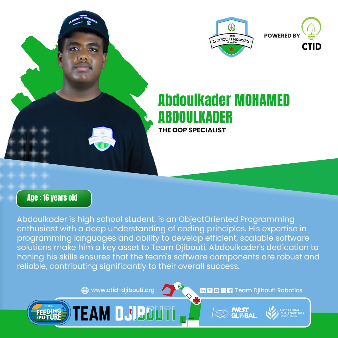 Team253Robotic's tweet photo. [#FGC2024]

🚀𝗠𝗲𝗲𝘁 𝗼𝘂𝗿 𝗧𝗲𝗮𝗺🇩🇯 Robotics

#4 📸Oop Specialist 

#Djibouti 
#FGC #TeamDjibouti 
#FGC2024 #SkillsAcademy
#CTID #LaFabriqueDeTalents #Tech253 https://t.co/Uy4fDUkssn