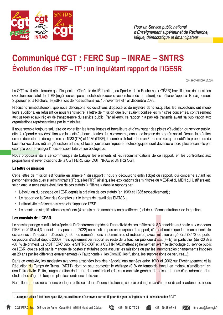 CgtFercSup's tweet photo. 🔴A lire absolument : l'analyse CGT (FERC Sup, SNTRS, INRAE) du rapport "Évolution des ITRF – IT" de l'IGESR : inquiétant !
#FonctionPublique #ESR #Biatss #ITA #TempsDetravail #Grilles #PointIndice #Indemnitaire et #RevendicationsCGT
https://t.co/HtzxOu0mKS https://t.co/72nSoLRSpM