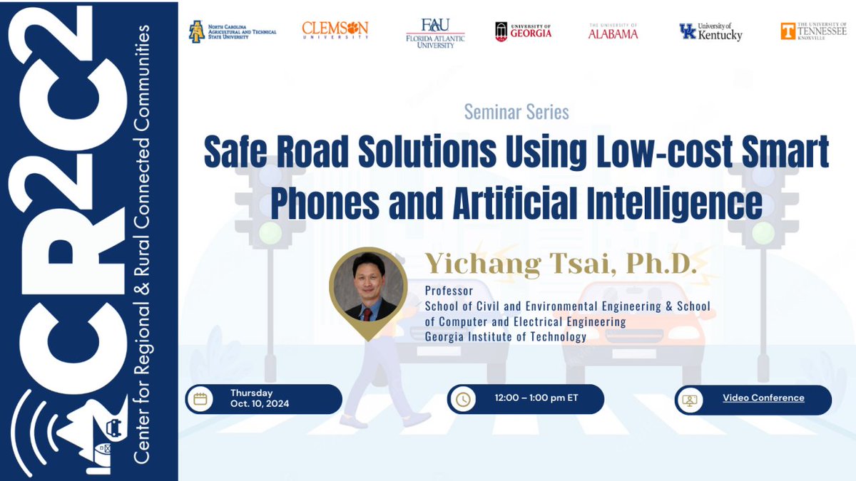 Join us for a seminar on October 10th on Safe Road Solutions Using Low-cost Smart Phones and Artificial Intelligence by Dr. Yichang James Tsai from the Georgia Institute of Technology. 
Zoom Link: ncat.zoom.us/j/99295200656
#Transportation #AmazingUTC