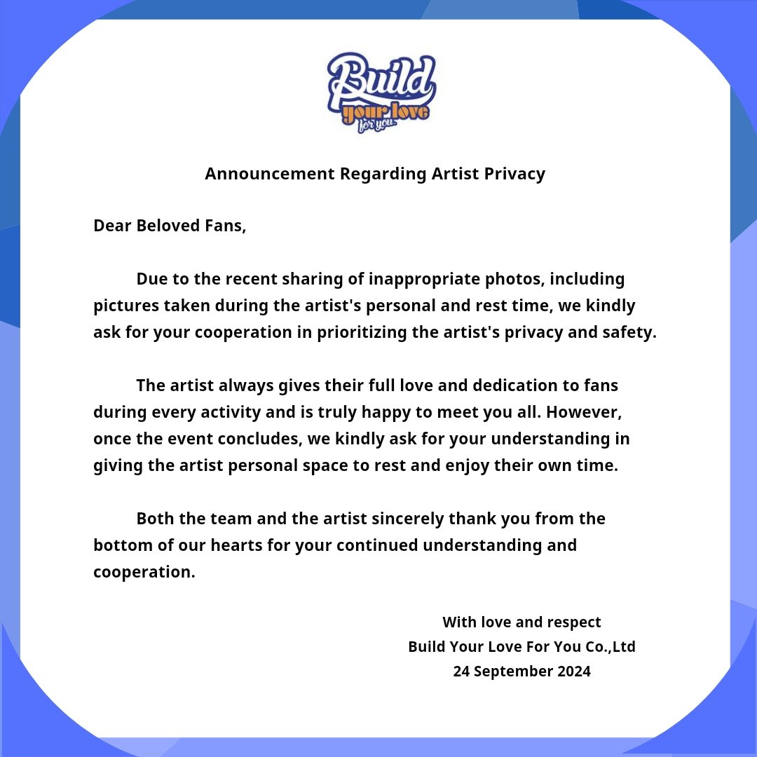 buildyourlove4u's tweet photo. ประกาศเรื่องความเป็นส่วนตัวของศิลปิน
Announcement Regarding Artist Privacy

@JakeB4rever 
#BuildJakapan
#Beyourluve https://t.co/sm5o0NCUe1