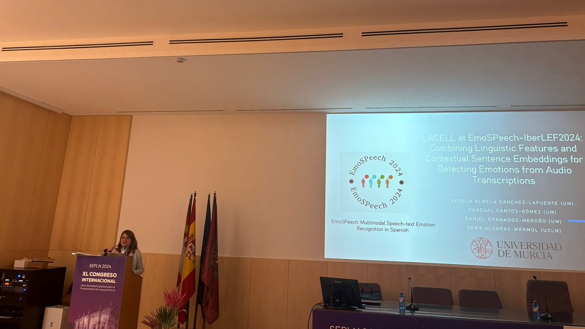 Ángela Almela presents their work in our task EmoSPeech at #iberlef2024 <a href="/sepln/">SEPLN</a> <a href="/iberlef/">IberLEF - Iberian Languages Evaluation Forum</a> <a href="/sepln2024uva/">XL Congreso de la SEPLN Valladolid 2024</a> . Paper available at ceur-ws.org/Vol-3756/EmoSP…