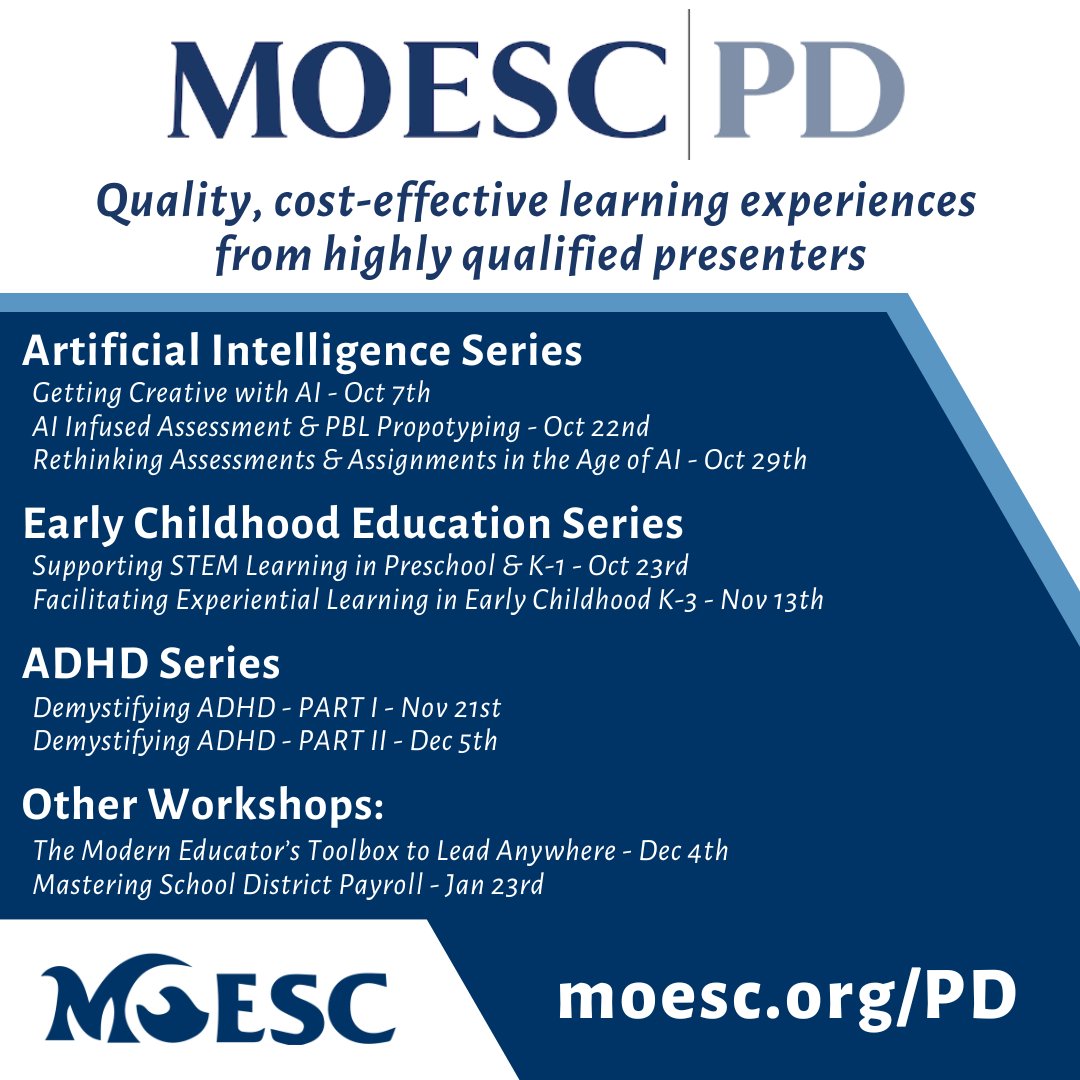 Monmouth Ocean Educational Services Commission (@moescnj) on Twitter photo π¨New Sessions have been added to the Fall #MOESC PD Catalog!π¨
Topics:
βοΈ AI
βοΈ Early Childhood Education
βοΈ Demystifying ADHD
βοΈ Mastering School Payroll
βοΈ Ed Leadership
π moesc.org/PD
<a href="/DrGeorge_MU/">William O. George III</a> <a href="/DrGrayMorales/">Wendy Gray Morales, Ed.D.</a> @PreK_Hall <a href="/AbramoEd/">Joanna Abramo, Ed.D.</a> <a href="/mccchr/">Chris McCaffrey β½ ππ»</a> #KikerLearning π¨New Sessions have been added to the Fall #MOESC PD Catalog!π¨
Topics:
βοΈ AI
βοΈ Early Childhood Education
βοΈ Demystifying ADHD
βοΈ Mastering School Payroll
βοΈ Ed Leadership
π moesc.org/PD
<a href="/DrGeorge_MU/">William O. George III</a> <a href="/DrGrayMorales/">Wendy Gray Morales, Ed.D.</a> @PreK_Hall <a href="/AbramoEd/">Joanna Abramo, Ed.D.</a> <a href="/mccchr/">Chris McCaffrey β½ ππ»</a> #KikerLearning