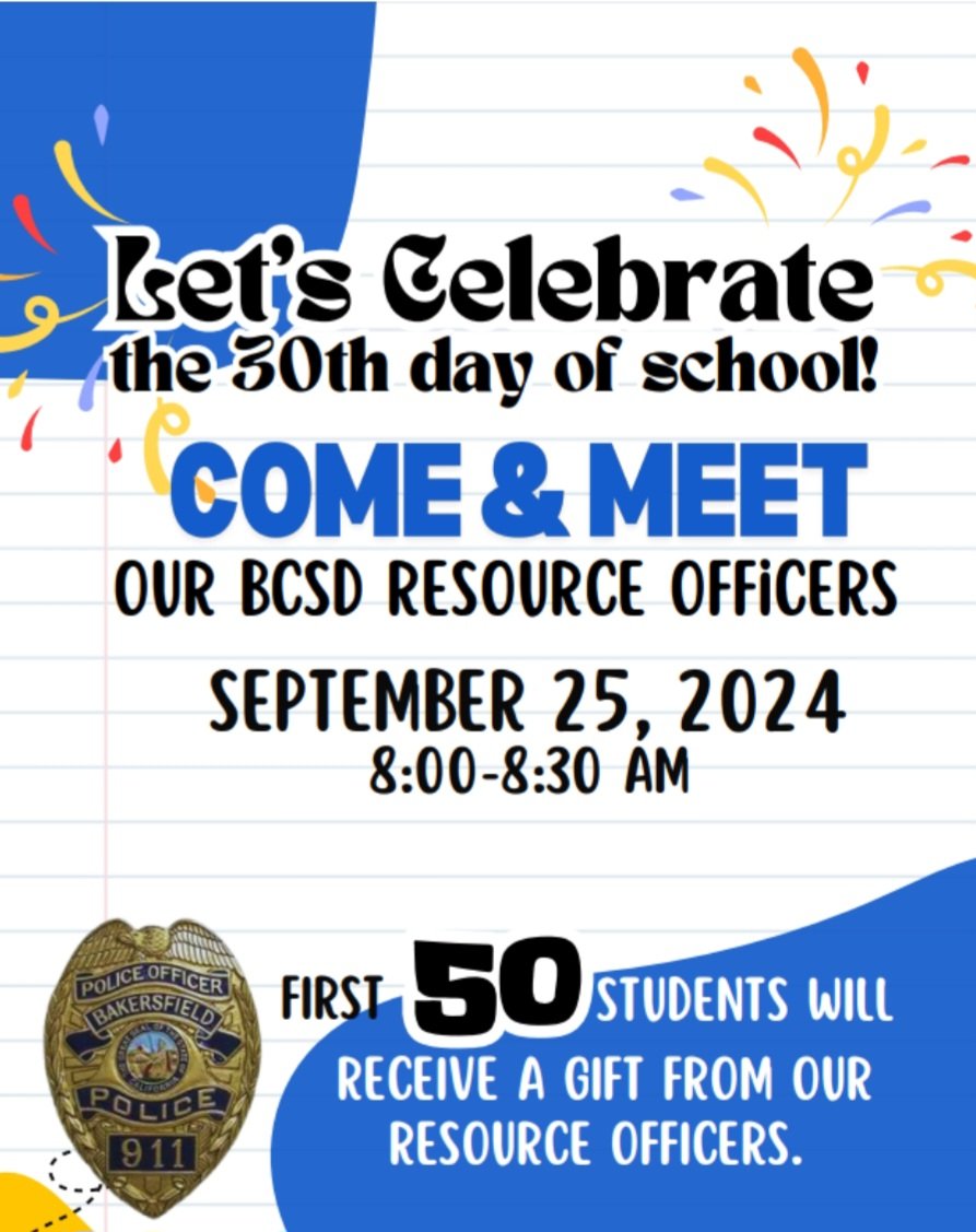 Come meet our BCSD SRO's and celebrate the 30th day of school <a href="/AttendanceBcsd/">BCSD Attendance ASW Team</a>  <a href="/Team_BCSD/">Bakersfield City School District</a>  <a href="/garay_gabb12408/">Gabby Garay</a> <a href="/fuentesel_/">Elvia Fuentes</a>  <a href="/arambula_teresa/">Teresa Galván-Arámbula</a>