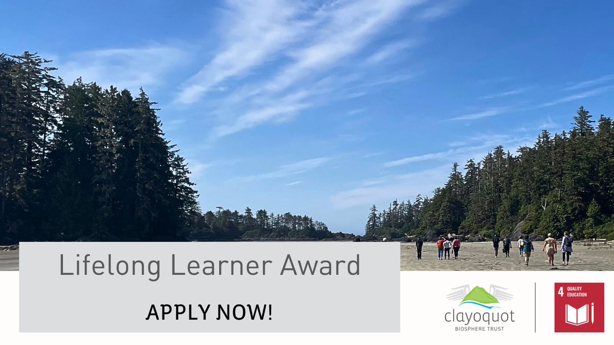 📣 🎓 CBT's Lifelong Learners Award is OPEN for applications until November 6th! 

If you're a resident of the Clayoquot Sound Biosphere Region looking to continue your learning journey, this award could be perfect for you! 

Learn more and apply! ⬇️ buff.ly/459HMAK
