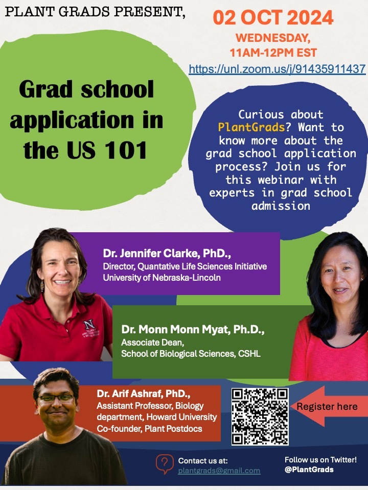 We are officially launching PlantGrads, a community for prospective and current graduate students, with our first webinar on Graduate School Application Process. Please mark your calendar on October 2nd, 11 AM-12 PM EST to hear from our three panelists.