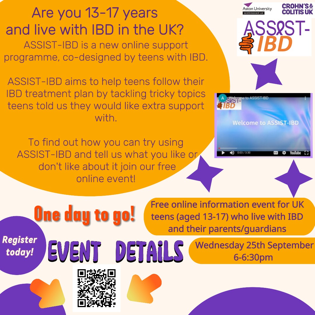 One day to go until our information evening, where #teens can find out about how they test ASSIST-IBD and help develop the programme for other teens!

#crohns #colitis #IBD #Getinvolved