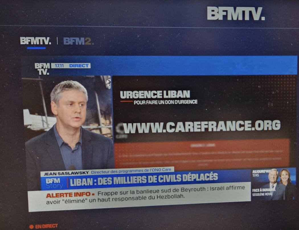 Sur BFMTV pour faire le point sur la situation au #Liban et sur l’intervention de <a href="/CAREfrance/">CARE France</a> auprès des populations qui fuient le sud du pays. Appel à dons en cours sur carefrance.org