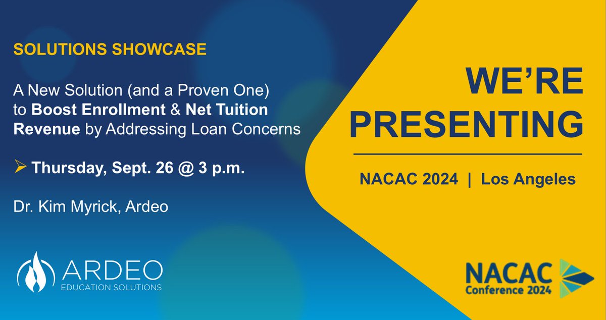 Join Ardeo's Dr. Kim Myrick for our Solutions Showcase session at the 2024 NACAC Conference in LA! She will be discussing the latest research from RNL about communicating financing information &amp; Ardeo's enrollment solutions (including our newest addition!). #NACAC2024
