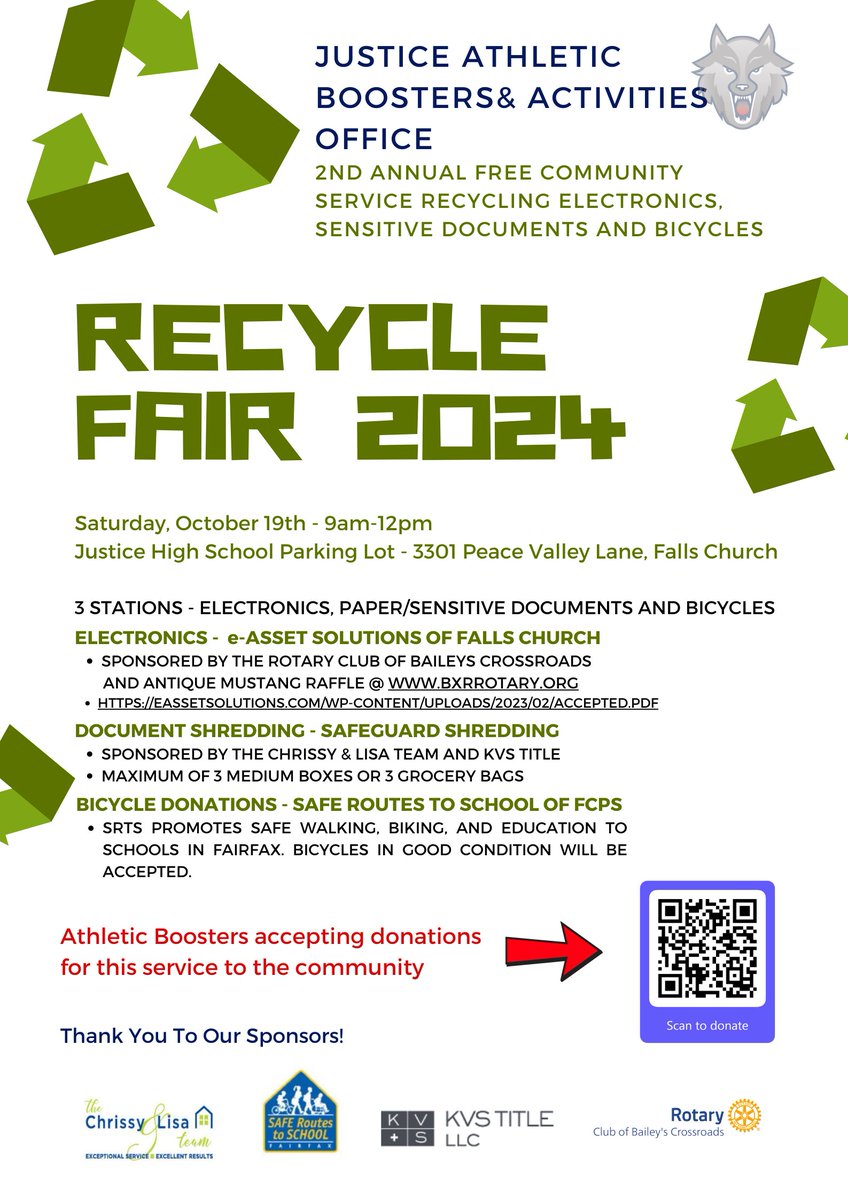 Mason District School Board (FCPS) (@masondistrictsb) on Twitter photo Upcoming recycling opportunity for electronics, documents, and bicycles!
Oct. 19, 9 a.m.-noon
Justice High School
<a href="/FCPSR2/">FCPS Region 2</a> <a href="/fcpsnews/">Fairfax Schools 🌟</a> <a href="/frc_fcps/">Family Resource Center</a> <a href="/justicehswolves/">Justice High School</a> <a href="/JusticeHSPTSA/">Justice HS PTSA</a> <a href="/FCPSSRTS1/">FCPS SRTS</a> <a href="/GlasgowMS/">Glasgow MS</a> <a href="/BaileysES_FCPS/">Bailey's Elementary School for the Arts & Sciences</a> <a href="/beechtreeelem/">Beech Tree Elementary School</a> <a href="/BESbulldogs/">Belvedere Elementary - FCPS</a> <a href="/gfesfcps/">Glen Forest ES</a> <a href="/ParklawnFCPS/">Parklawn Elementary</a> <a href="/SHES_Dolphins/">SleepyHollow</a> Upcoming recycling opportunity for electronics, documents, and bicycles!
Oct. 19, 9 a.m.-noon
Justice High School
<a href="/FCPSR2/">FCPS Region 2</a> <a href="/fcpsnews/">Fairfax Schools 🌟</a> <a href="/frc_fcps/">Family Resource Center</a> <a href="/justicehswolves/">Justice High School</a> <a href="/JusticeHSPTSA/">Justice HS PTSA</a> <a href="/FCPSSRTS1/">FCPS SRTS</a> <a href="/GlasgowMS/">Glasgow MS</a> <a href="/BaileysES_FCPS/">Bailey's Elementary School for the Arts & Sciences</a> <a href="/beechtreeelem/">Beech Tree Elementary School</a> <a href="/BESbulldogs/">Belvedere Elementary - FCPS</a> <a href="/gfesfcps/">Glen Forest ES</a> <a href="/ParklawnFCPS/">Parklawn Elementary</a> <a href="/SHES_Dolphins/">SleepyHollow</a>