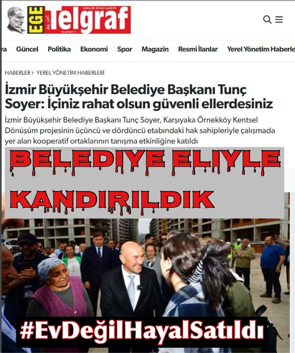 İzmir’de kentsel dönüşüm rezaleti!
Güvenli ellerdesiniz dediler, birikimlerimizi kooperatiflere yedirdiler.

Mağdurların Sesi olun
<a href="/selcukktepeli/">Selçuk Tepeli</a> <a href="/fatihportakal/">fatih portakal</a> 

#EvDeğilHayalSatıldı
#afiyetolsun
#allahınhakkı

Sesimizi duyun
<a href="/eczozgurozel/">Özgür Özel</a> <a href="/drcemiltugay/">Dr. Cemil Tugay</a> <a href="/tuncsoyer/">Tunç Soyer</a>
