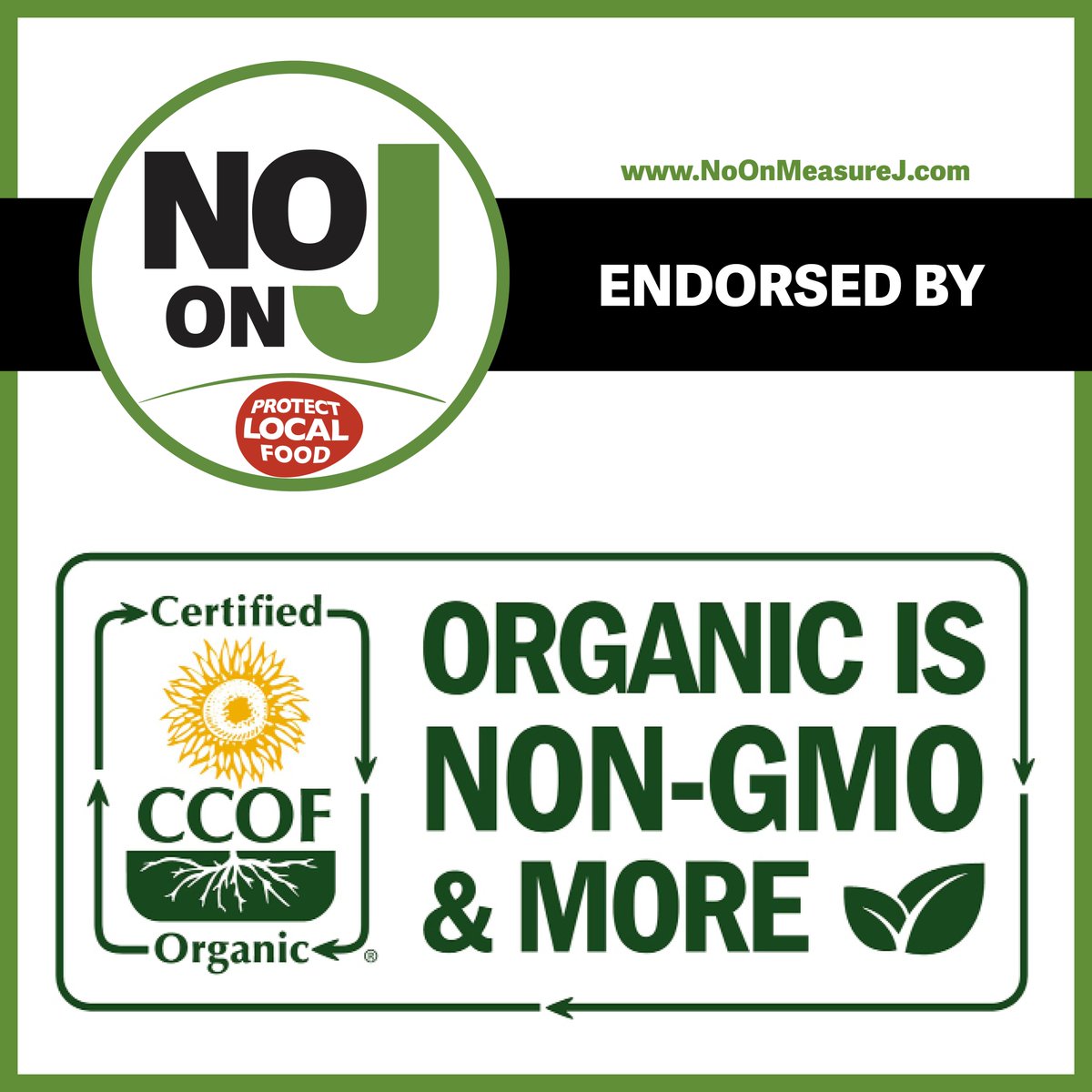 A nonprofit organization governed by the people who grow and make our food, <a href="/CCOForganic/">CCOF</a> endorses a No on Measure J vote.