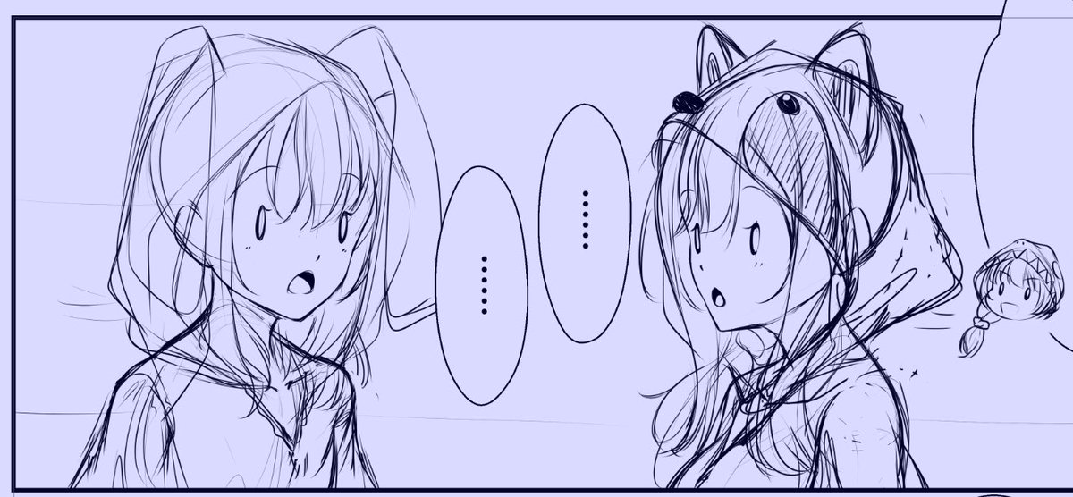 今日の進捗1.5コマ。たぬきフードがかわいい 