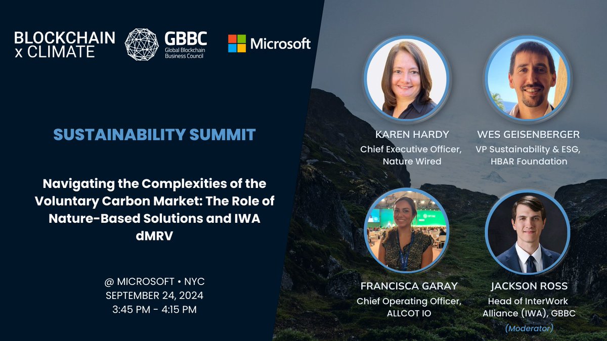 Global Blockchain Business Council (GBBC) (@gbbcouncil) on Twitter photo We are getting started with “Navigating the Complexities of the Voluntary Carbon Market: The Role of Nature-Based Solutions and #IWA dMRV” with Karen Hardy, <a href="/geisenbergerwes/">Wes Geisenberger 🌎 🌱</a>, Francisca Garay, and Jackson Ross ⛓️
Check #SustainabilitySummit out here 👇
youtube.com/live/Mq3S1h4yf… We are getting started with “Navigating the Complexities of the Voluntary Carbon Market: The Role of Nature-Based Solutions and #IWA dMRV” with Karen Hardy, <a href="/geisenbergerwes/">Wes Geisenberger 🌎 🌱</a>, Francisca Garay, and Jackson Ross ⛓️
Check #SustainabilitySummit out here 👇
youtube.com/live/Mq3S1h4yf…