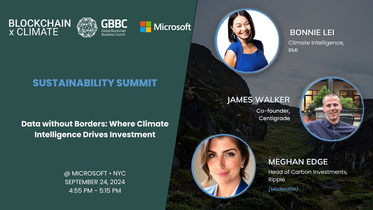 Coming Up ➡️“Data without Borders: Where Climate Intelligence Drives Investment” with Bonnie Lei, James Walker, and Meghan Edge 💸

Join us here for the last session of the day at #SustainabilitySummit👇
youtube.com/live/Mq3S1h4yf…