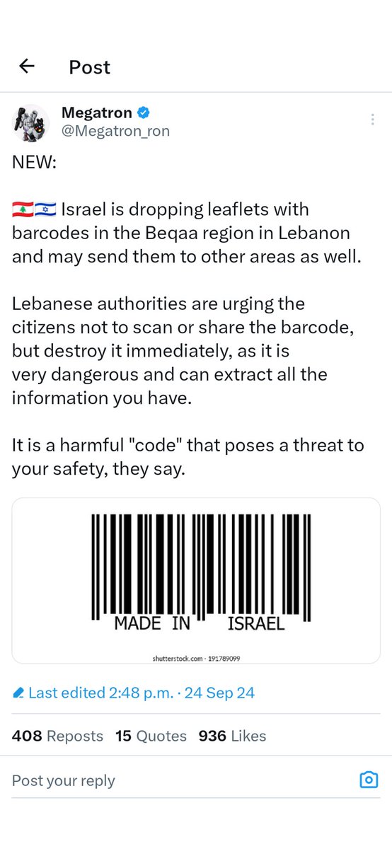 JavedJaved48's tweet photo. #RedAlert 🤯, discard the #barcode - said to be a new form of #terrorism after #PagerExplosions & #WalkieTalkie ones!
https://t.co/OX6ICL8p1c
#Lebanon #Israel #IsraeliTerrorism #StopArmingIsreal #Palestine #StopAttackingLebanon #StopGazaGenocide #Lebanese #Hezbollah #Palestine https://t.co/xnLhXglz7X