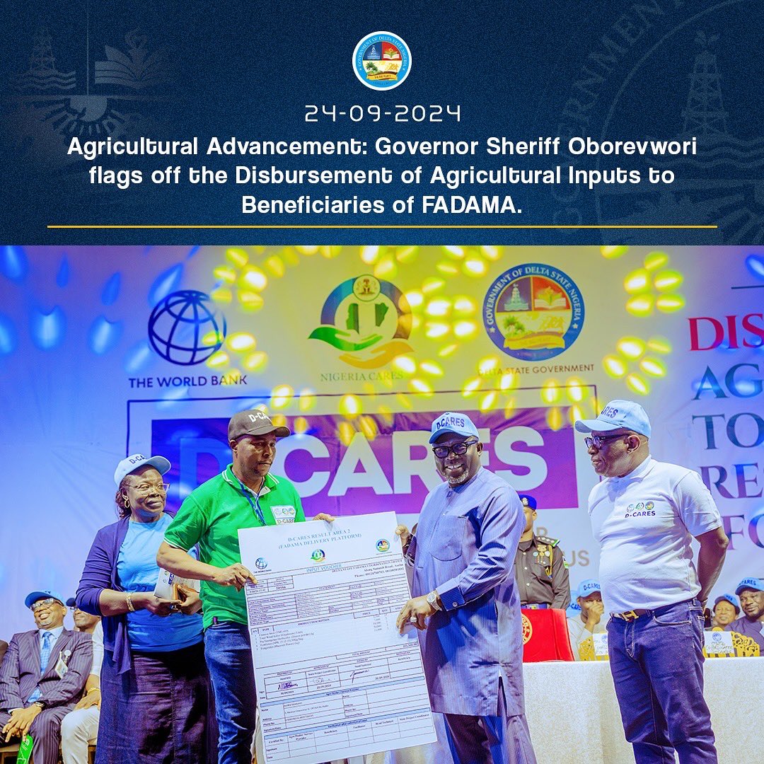 DSGovernment's tweet photo. To harness the agricultural value chain for food security, increased export, job creation, and wealth generation as outlined in the MORE Agenda, Governor Sheriff Oborevwori today disbursed agricultural inputs to over 6,000 direct beneficiaries of FADAMA (Food Security) under the Delta Community Action for Resilience and Economic Stimulus (D-CARES) program at the Dome Event Center, Asaba.

In a major boost for the agricultural sector, the Governor also announced the approval of a One Billion Naira counterpart fund in collaboration with the African Union Development Agency and New Partnership for Africa Development (AUDA-NEPAD). This initiative is set to empower more than 2,000 smallholder farmers with increased food production, livestock, and aquaculture resources.

Governor Oborevwori reaffirmed his commitment to not only infrastructure and empowerment programs but also to agriculture, ensuring that Delta’s farmers are equipped with the essential resources needed to enhance productivity and contribute to the state’s economic growth.

#MOREAgenda
#D-CARES