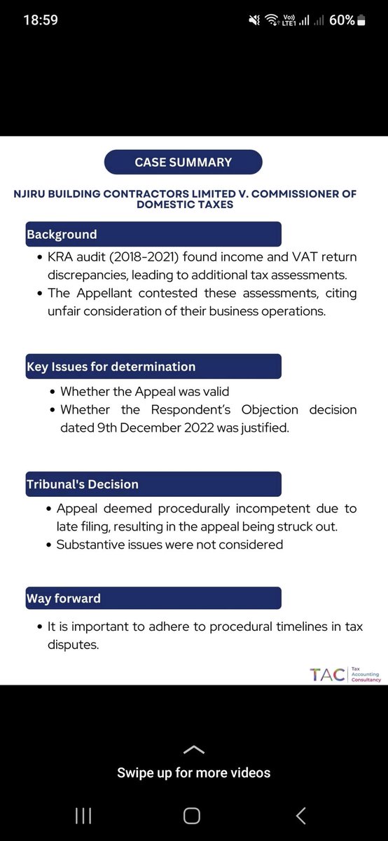 Have you received an assessment from KRA? If you are not in agreement with the decision, you have 30 days to file an appeal. In the attached case lnkd.in/gGk64M3M, the Tax Appeals Tribunal dismissed the appeal due to late filing without seeking approval of the Tribunal.