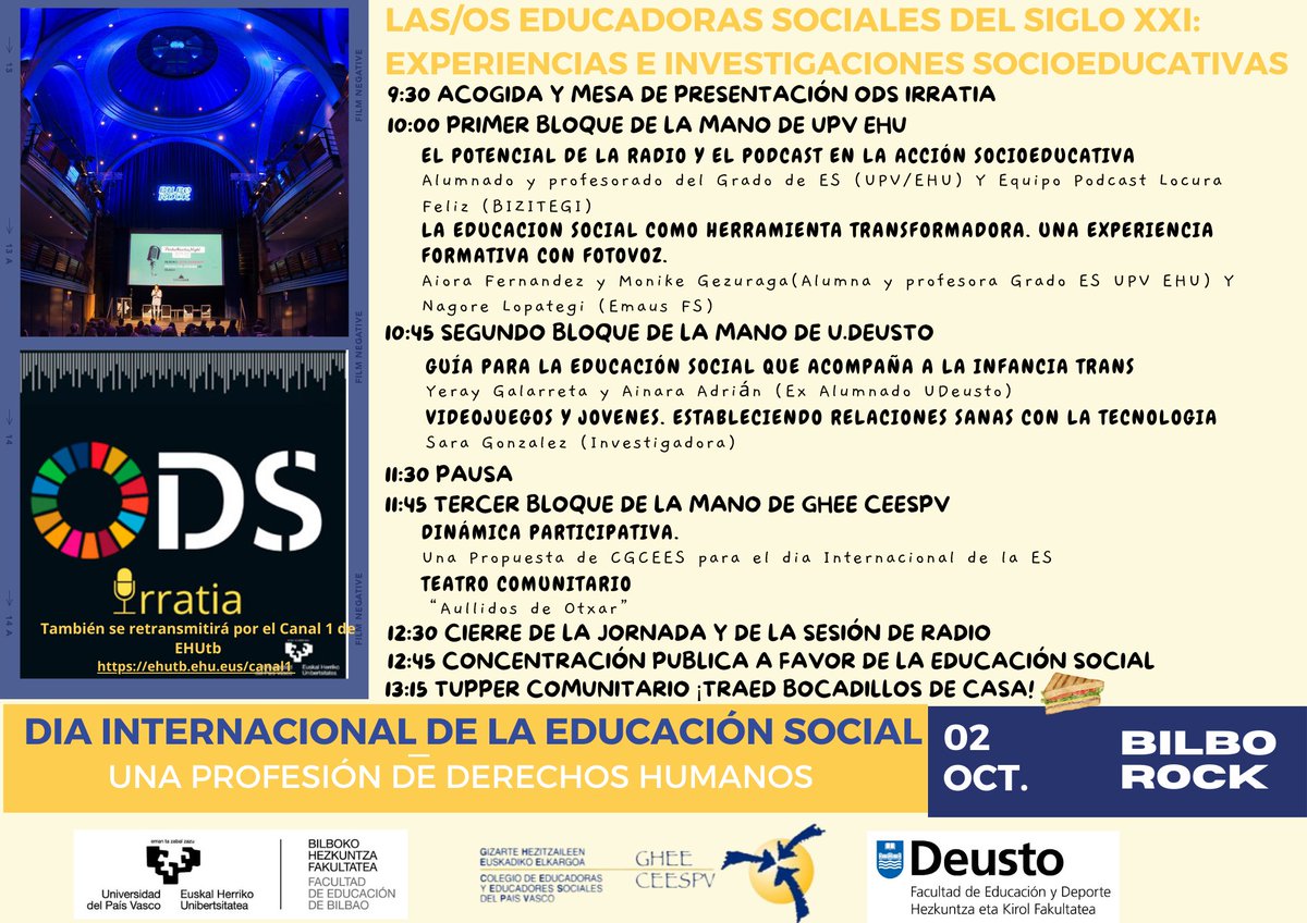 CEESPV's tweet photo. El 2 de octubre, celebramos el Día Internacional de la Educación Social en Bizkaia, de la mano de
@upvehu, @deusto y el Colegio.
Dónde: Bilbo Rock
Y no te pierdas nuestro Tupper Socioeducativo 📷 (¡no olvides traer tu bocadillo de casa!). #edusoesddhh #edusoday2024 https://t.co/Evks99F2x3
