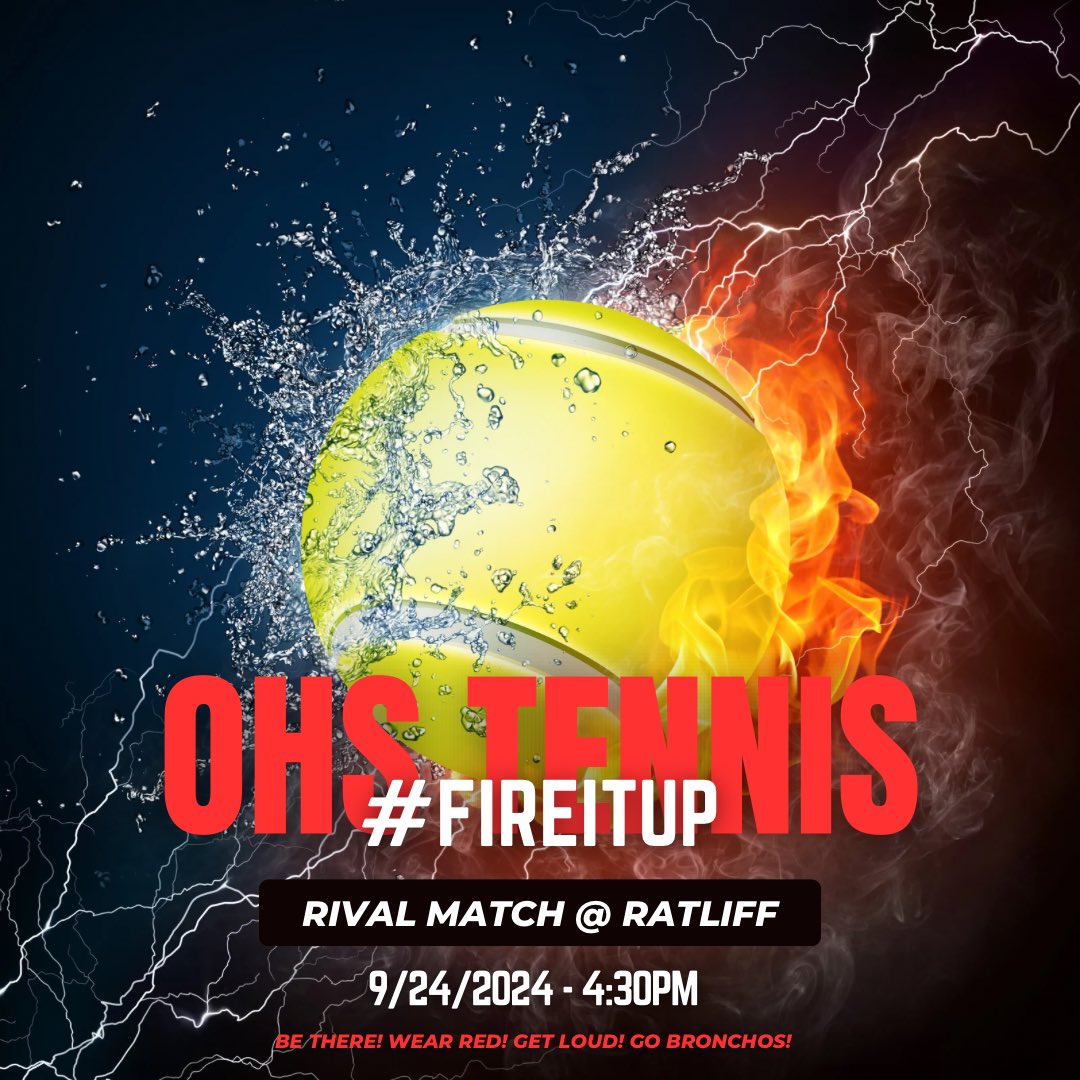 OHS Dual Sports (@ohsdualsports) on Twitter photo 🎾🚨RIVAL MATCH🚨🎾
Come out and support <a href="/odessahstennis/">Odessa High School Tennis</a> take on Permian! #bethere #beloud #wearred #GOBRONCHOS
#FIREITUP🔥
<a href="/ECISDAthletics/">EctorCountyISDAthletics</a> <a href="/BigRedBronchos/">Odessa High School</a> <a href="/BronchoNews/">OHS Broncho News</a> <a href="/EvelZubiate/">Evel “Zubie” Zubiate</a>
IT’S A GREAT DAY TO BE A BRONCHO
⏰ - 4:30
📍 - Ratliff Tennis Center 🎾🚨RIVAL MATCH🚨🎾
Come out and support <a href="/odessahstennis/">Odessa High School Tennis</a> take on Permian! #bethere #beloud #wearred #GOBRONCHOS
#FIREITUP🔥
<a href="/ECISDAthletics/">EctorCountyISDAthletics</a> <a href="/BigRedBronchos/">Odessa High School</a> <a href="/BronchoNews/">OHS Broncho News</a> <a href="/EvelZubiate/">Evel “Zubie” Zubiate</a>
IT’S A GREAT DAY TO BE A BRONCHO
⏰ - 4:30
📍 - Ratliff Tennis Center