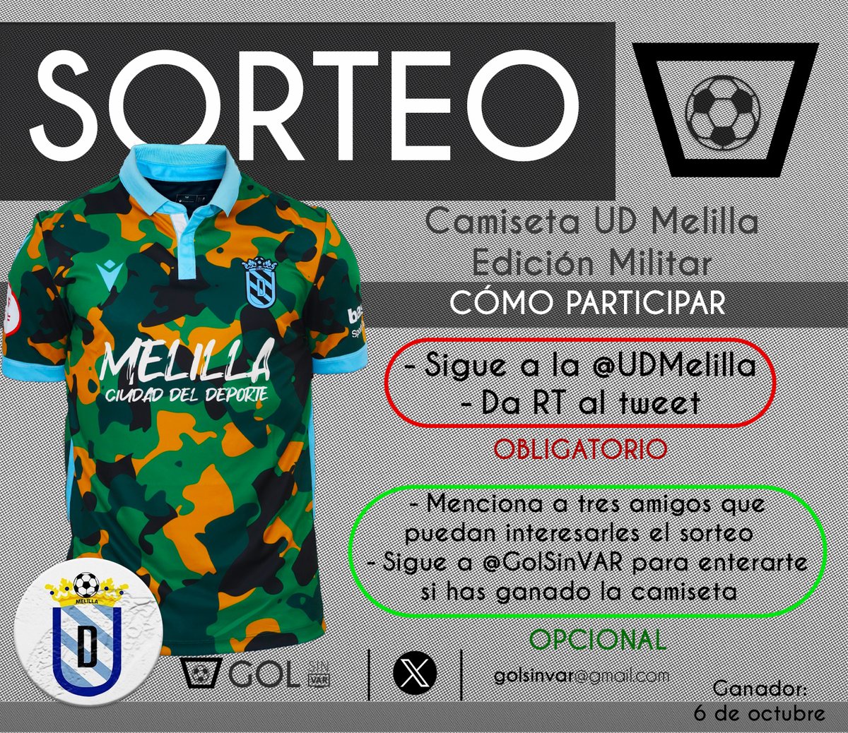 SORTEO😍

¡Gana LA CAMISETA QUE ESTÁ DE MODA EN #2RFEF totalmente GRATIS!

🔸Sigue a la <a href="/UDMelilla/">Unión Deportiva Melilla</a> 
🔸Da RT

Y si quieres tener más probabilidades

🔹Menciona a tres amigos
🔹Sigue a <a href="/GolSinVAR/">⚽GOL SIN VAR ❌🖥️</a>

¡Mil gracias a la UD MELILLA por este DETALLAZO!
¡Equipo y afición TOP!
Ganador: 6/10