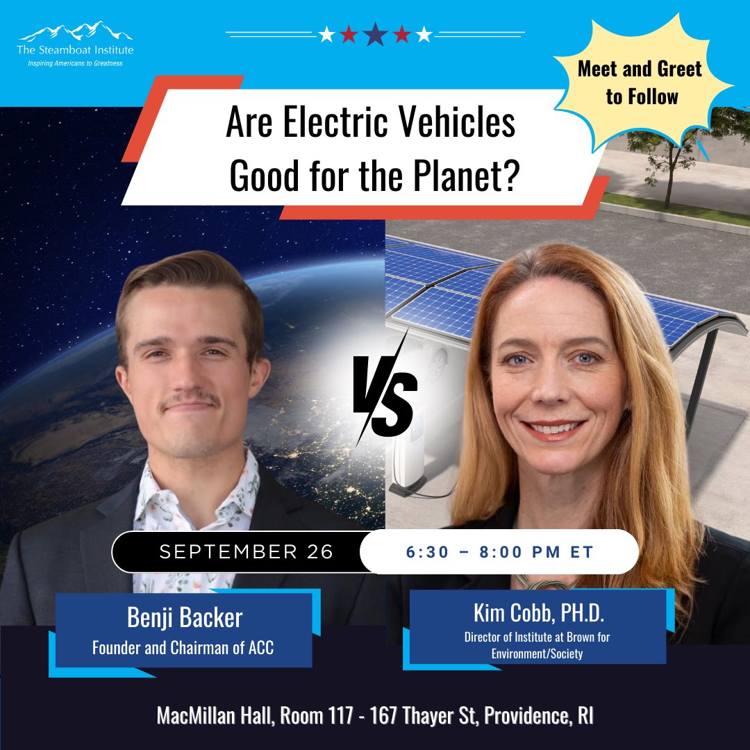 Are Electric Vehicles Good for the Planet? Join us this week, Thursday September 26th in-person at Brown University or online (livestream link coming soon!) for this lively debate! Featuring <a href="/BenjiBacker/">Benji Backer</a> and <a href="/coralsncaves/">Dr. Kim Cobb @bsky.app/kimcobb</a>, moderated by <a href="/GEBogden/">George Bogden</a>! #debate #campus #brownuniversity