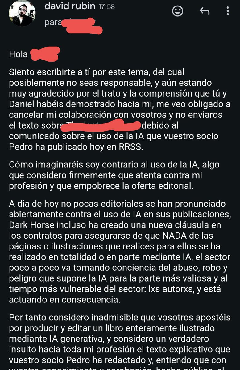 davidrubin's tweet image. Acabo de cancelar una colaboración con la editorial Cartem al leer la "carta explicativa" que hoy han hecho pública en dónde defienden, de un modo insultante y desinformado, el uso de la IA generativa en uno de sus próximos lanzamientos editoriales.

Aquí mi mail: