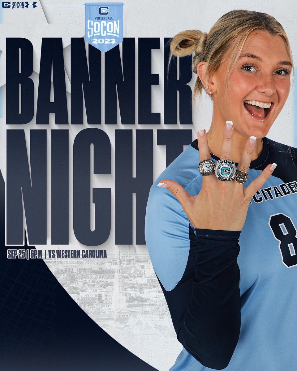 CitadelSports's tweet photo. Volleyball home opener and 2023 regular season title banner unveiling 🏐

🗓️: TOMORROW 
⏰: 6pm 
📍: McAlister Field House

MINI PENNANT FLAGS to the first 200 fans‼️ https://t.co/dhKKHZ0a2B