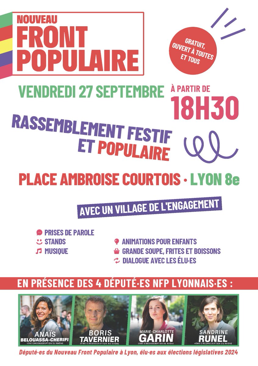 MC_Garin's tweet photo. 🔴 Rendez-vous #NFP le 27 septembre à Lyon !

⏰ 18h30
📍 Place Ambroise Courtois - Lyon 8e

Au programme :
🍽️ Banquet Populaire
🎶 Musique
🪁 Jeux pour enfants
✊ Village de l'engagement https://t.co/Jw25JtYfeJ