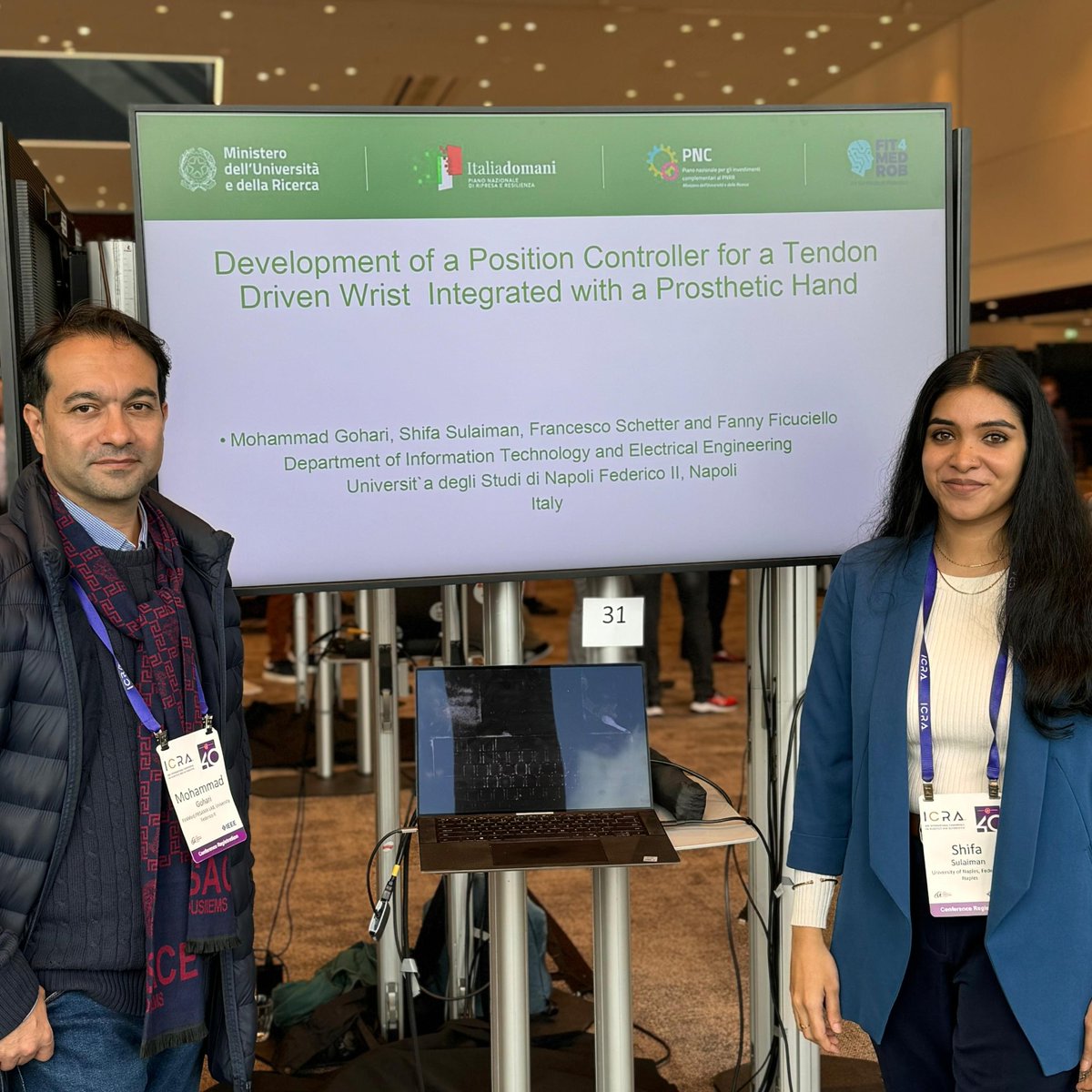 PRISMALabUnina's tweet photo. ๐ฅ #Congrats to Mohammad Gohari and Shifa Sulaiman #PRISMAteam for presenting the #paper "Development of a Position Controller for a Tendon Driven Wrist Integrated with a Prosthetic Hand" at @ieee_ras_icra 2024 #ICRA40
#Prosthetics #Rehabilitation #Research https://t.co/kXJP3DQB6b