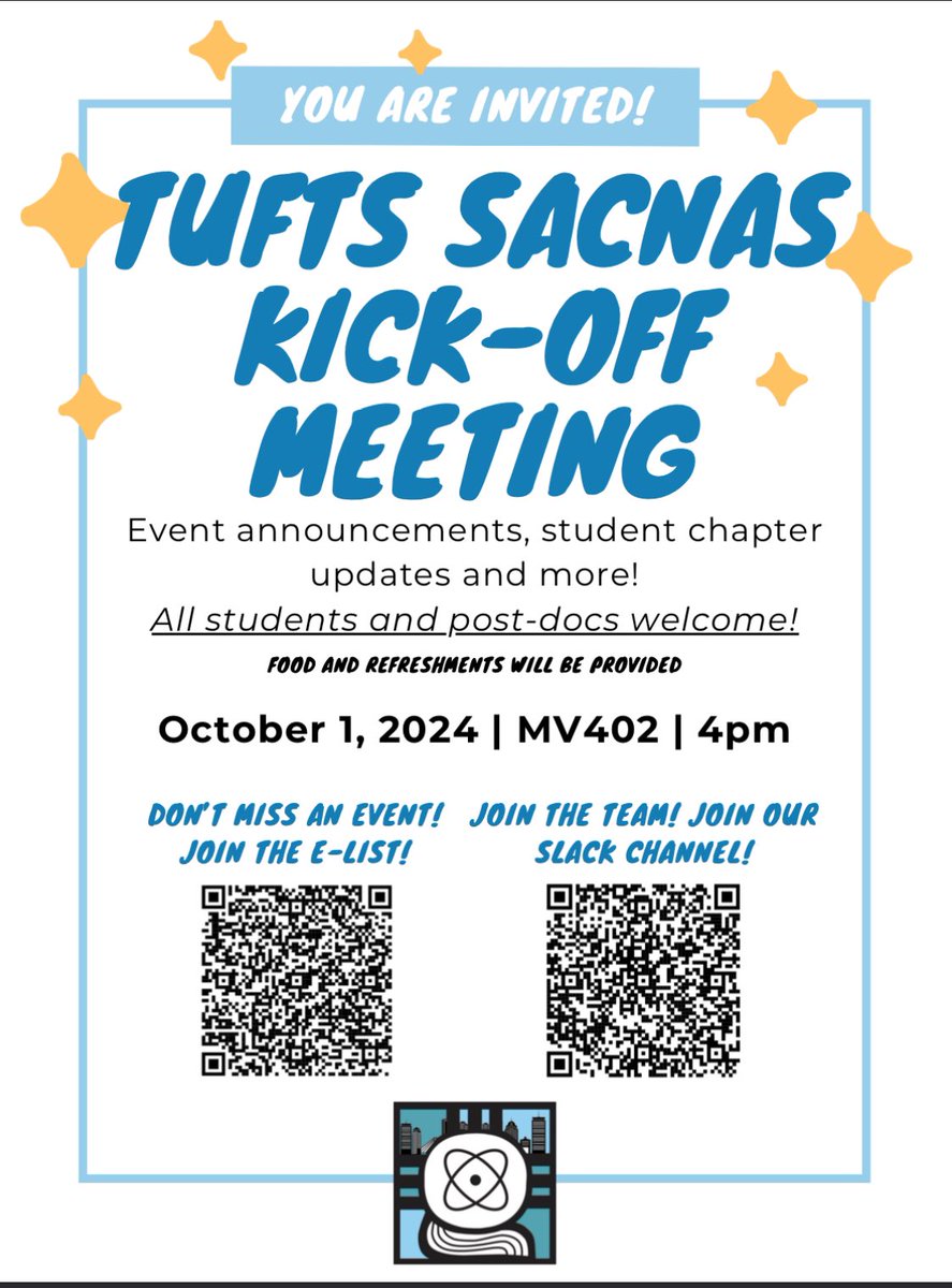 TuftsSACNAS's tweet photo. First Tufts SACNAS event of the 24-25 Academic year is on! Our Kick-off meeting will be held next October 1st! Hope to see you all there! https://t.co/QQll4Pugdx