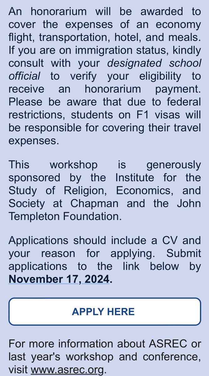 ASREC (@asrec_religion) on Twitter photo ASREC Grad Student Workshop
6-8 March 2025
Arlington VA
A day of instruction from leaders in the field (<a href="/MarkKoyama/">Mark Koyama</a>, <a href="/AvitalLivny/">Avital Livny (same handle everywhere!)</a>, <a href="/jaredcrubin/">Jared Rubin</a>, <a href="/JF_Schulz/">Jonathan Schulz</a>) followed by the ASREC Conference
Deadline: 17 November
Apply: docs.google.com/forms/d/e/1FAI…
For more: asrec.org ASREC Grad Student Workshop
6-8 March 2025
Arlington VA
A day of instruction from leaders in the field (<a href="/MarkKoyama/">Mark Koyama</a>, <a href="/AvitalLivny/">Avital Livny (same handle everywhere!)</a>, <a href="/jaredcrubin/">Jared Rubin</a>, <a href="/JF_Schulz/">Jonathan Schulz</a>) followed by the ASREC Conference
Deadline: 17 November
Apply: docs.google.com/forms/d/e/1FAI…
For more: asrec.org