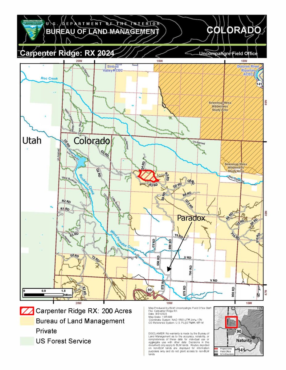 Tomorrow Southwest Fire plans to treat about 200 acres on Carpenter Ridge at the west end of Paradox Valley, Montrose County. While BLM expects to complete the burn in one day, conditions could extend the window through the end of the week.
View the map: ow.ly/5AUO50TutJE.