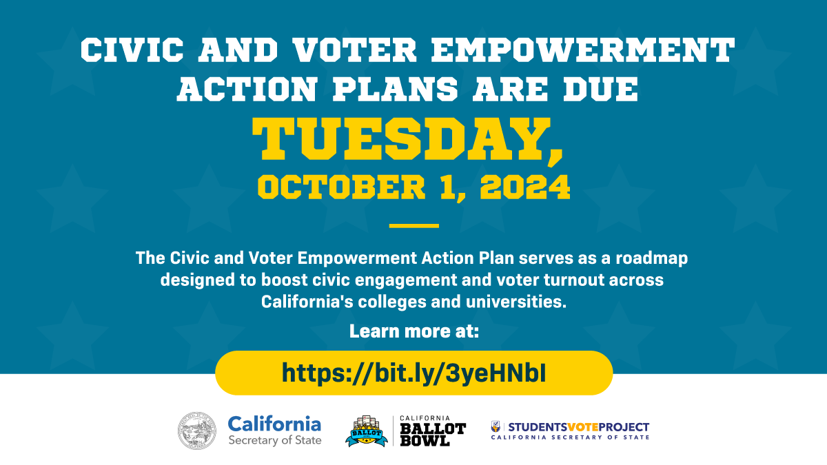 CASOSVote's tweet photo. โฐ Campuses have 1 week left to submit a CVEAP to the CA SOS Students Vote Project. The deadline is 11:59 pm, Tuesday, October 1, 2024!
To learn more, visit: https://t.co/LEMWPi9NNl
#CAStudentsVoteProject #2024BallotBowl #CAElection2024 #CaliforniaSOS #ShirleyNWeberPhD https://t.co/fTIY0bZZfd