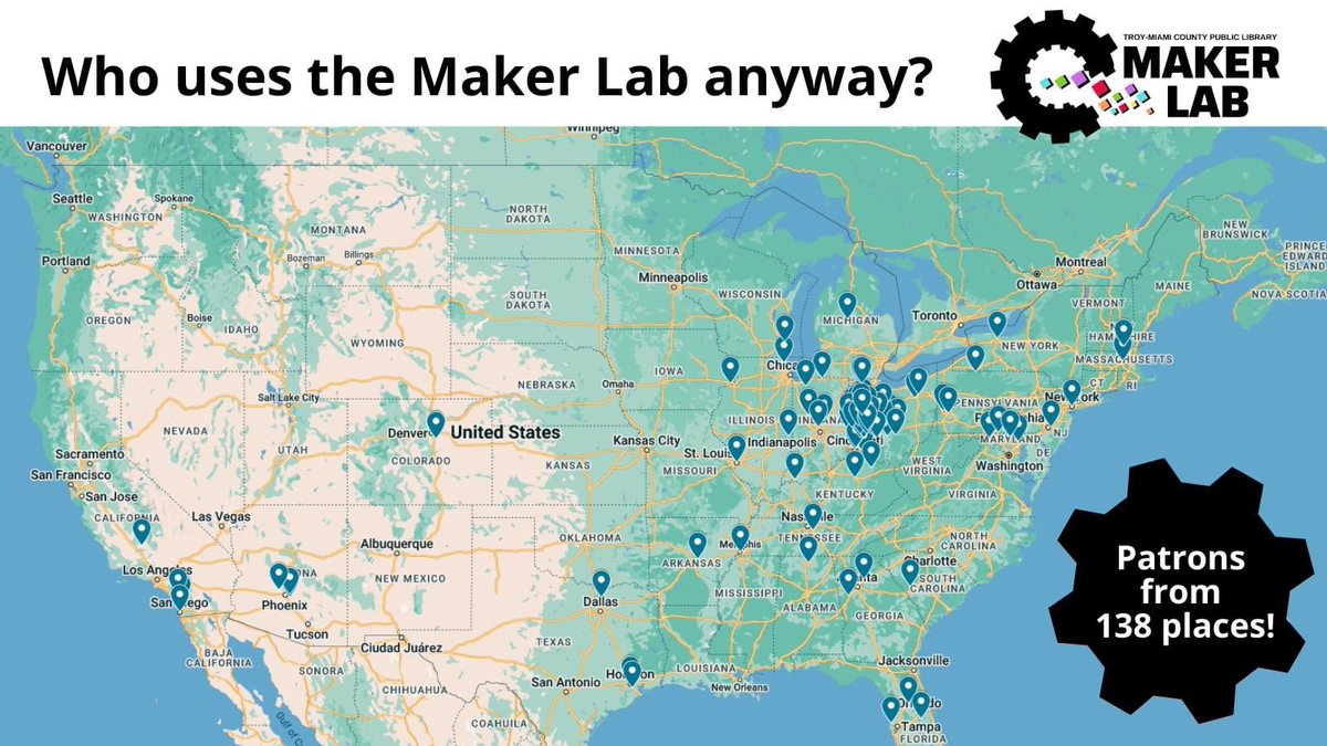 TroyMiamiCtyPL's tweet image. Patrons have visited the #MakerLab from at least 138 locations!

Most of our users come from Troy, Miami County, and nearby areas, but they also come from Phoenix, New York, Tampa, and everywhere else in between!