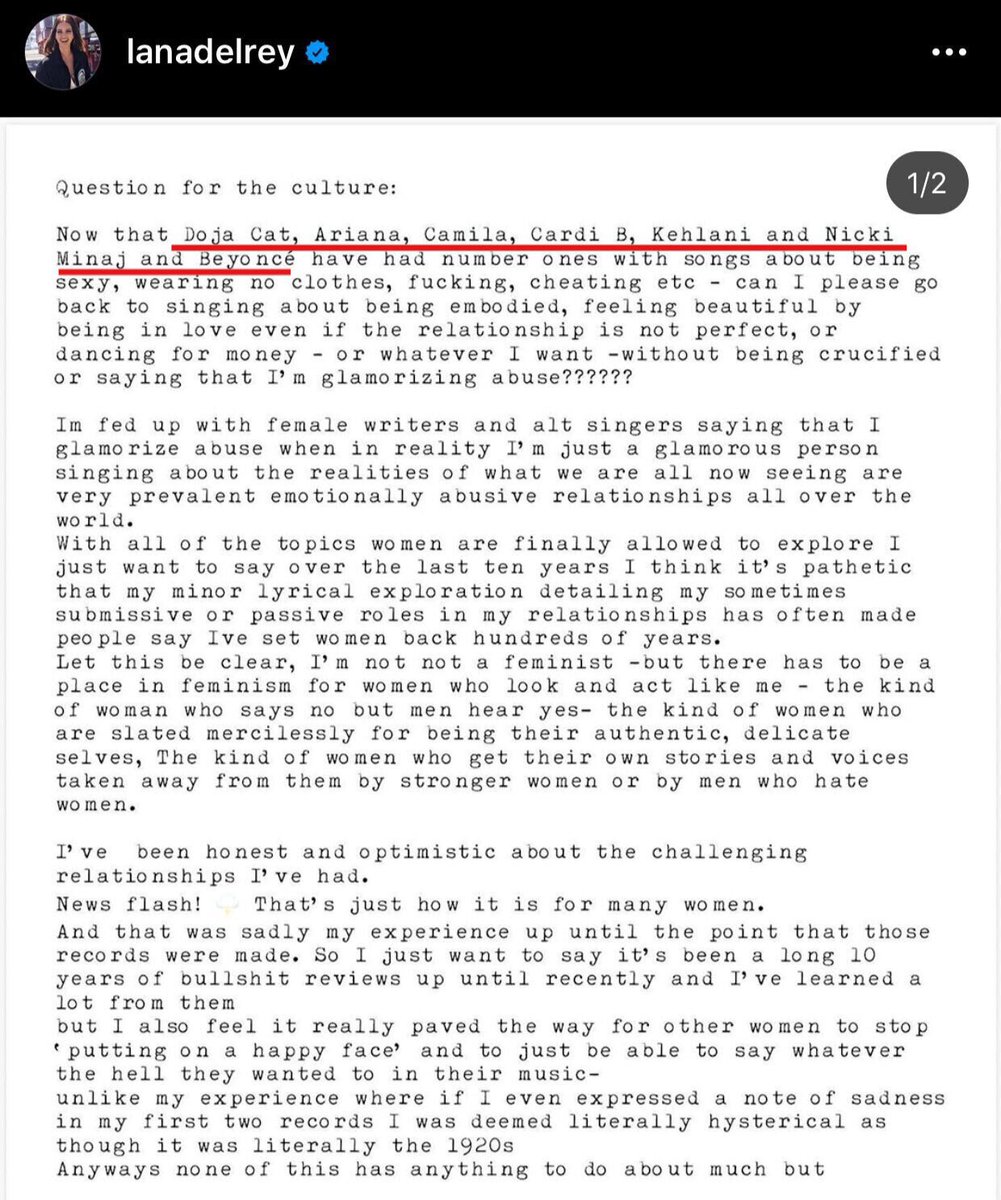 📍 Lana y su “profecía”.

En el año 2020, publicó un texto en IG que es conocido como “question to the culture”, aquí la imagen, y les agregó la traducción (con Google, no hay chance de traducir yo) del primer párrafo en donde menciona a varias artistas, quienes han ido “cayendo”