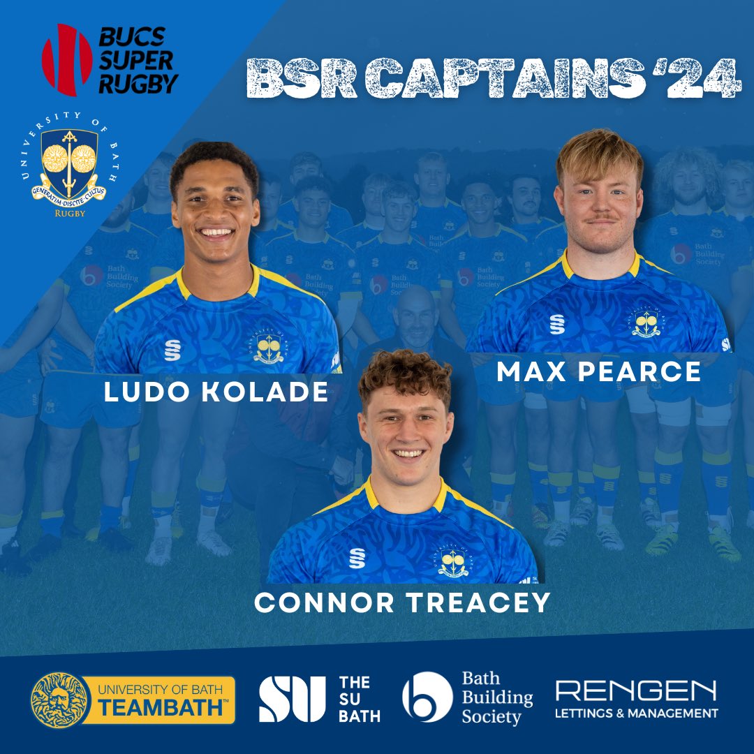 UOBathRugby's tweet photo. 🧑✈️BSR CO-CAPTAINS🧑✈️
Your 3 co-captains for the 2024/25 #BUCSSuperRugby season:
- Ludo Kolade
- Connor Treacey
- Max Pearce
Congratulations lads 👏
#BFEO https://t.co/IBtpyMwzqF