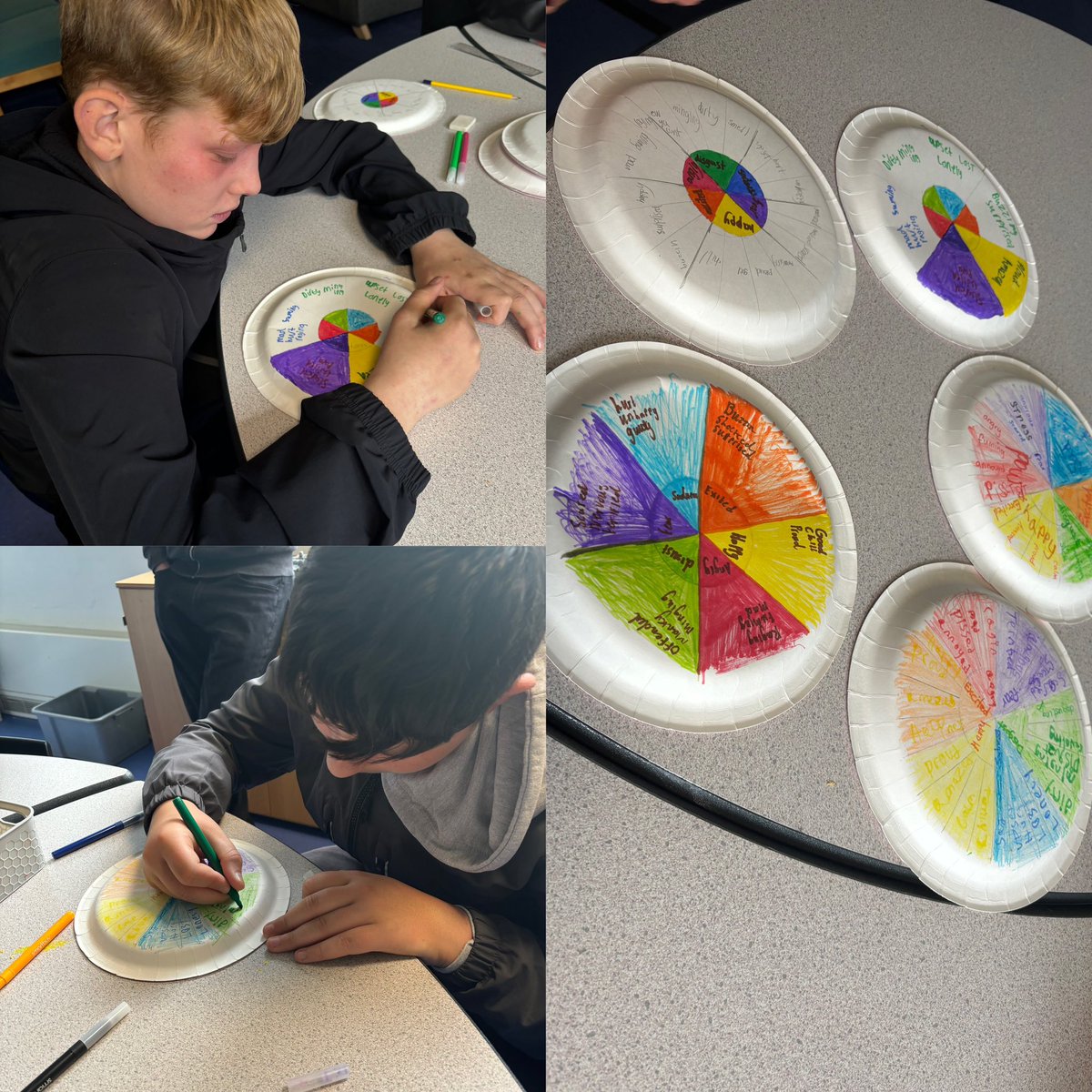 PrestonLodgePSF's tweet photo. The beginning of our Inside Out Emotions project in Inclusion 😃😢😠😱 
Thinking about the characters from Inside Out and our own emotions we created emotion wheels #ProudtobePL ❤️🖤 https://t.co/ejeRHXXWxm