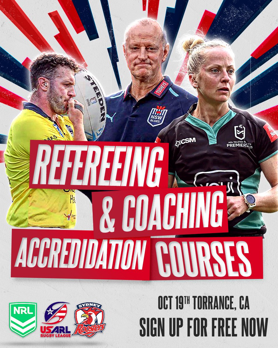 🚨 **FREE NRL Refereeing &amp; Coaching Courses Oct 19** 🚨
- 📄 Level 1 Accreditation
- 🏉 Refereeing: Online + In-person  
- 🏉 Coaching: In-person  
- 🏫 Torrance High School, CA
- Fees covered by **USARL Game Development Fund**!

#RugbyLeague