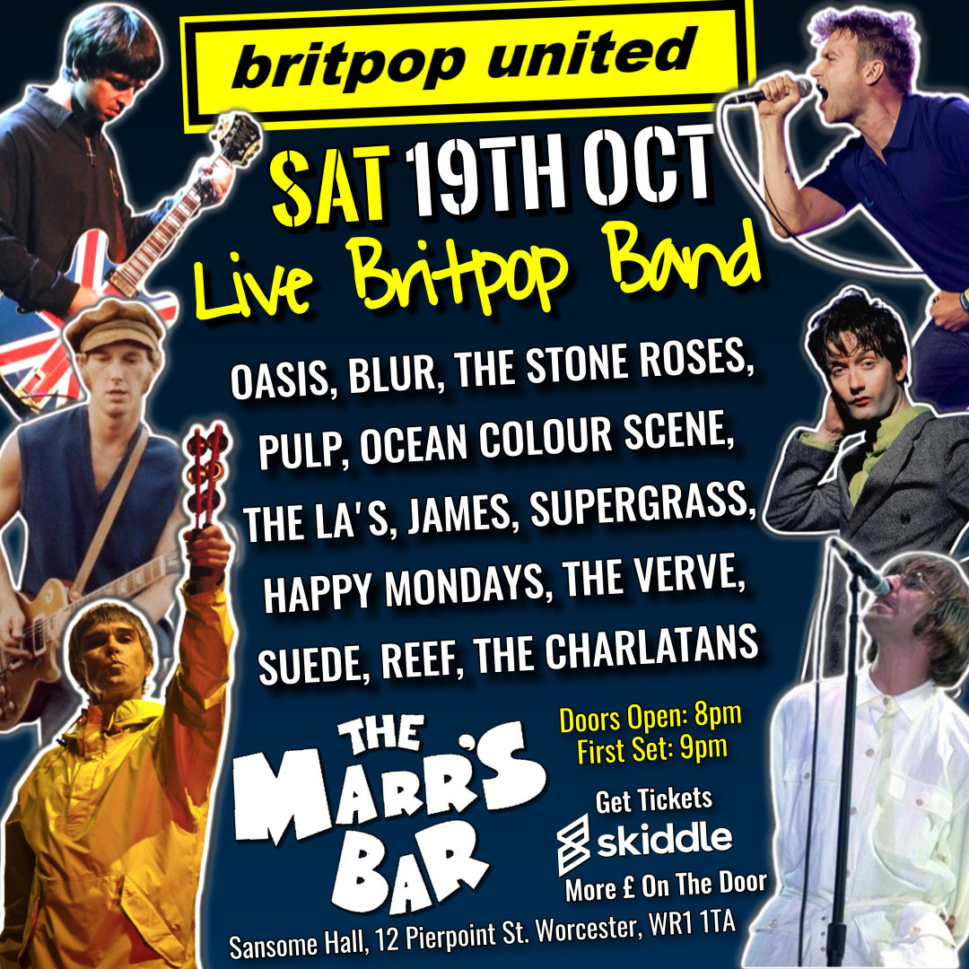 Marrs Bar (@marrs_bar) on Twitter photo BRITPOP UNITED returns to THE MARRS BAR on SAT 19 OCT 2024 with 90s hits from Oasis, Blur, The Stone Roses & more! 🎸
🚪 Doors: 8pm | Set: 9pm
🎟 Tickets: skiddle.com/e/39259942
📍 Marrs Bar, Worcester WR1 1TA
🤩 Mad for it! 🎞 Watch: youtu.be/JtBOq2AmVR0
<a href="/BritpopUnited/">Britpop Tribute Band</a> BRITPOP UNITED returns to THE MARRS BAR on SAT 19 OCT 2024 with 90s hits from Oasis, Blur, The Stone Roses & more! 🎸
🚪 Doors: 8pm | Set: 9pm
🎟 Tickets: skiddle.com/e/39259942
📍 Marrs Bar, Worcester WR1 1TA
🤩 Mad for it! 🎞 Watch: youtu.be/JtBOq2AmVR0
<a href="/BritpopUnited/">Britpop Tribute Band</a>