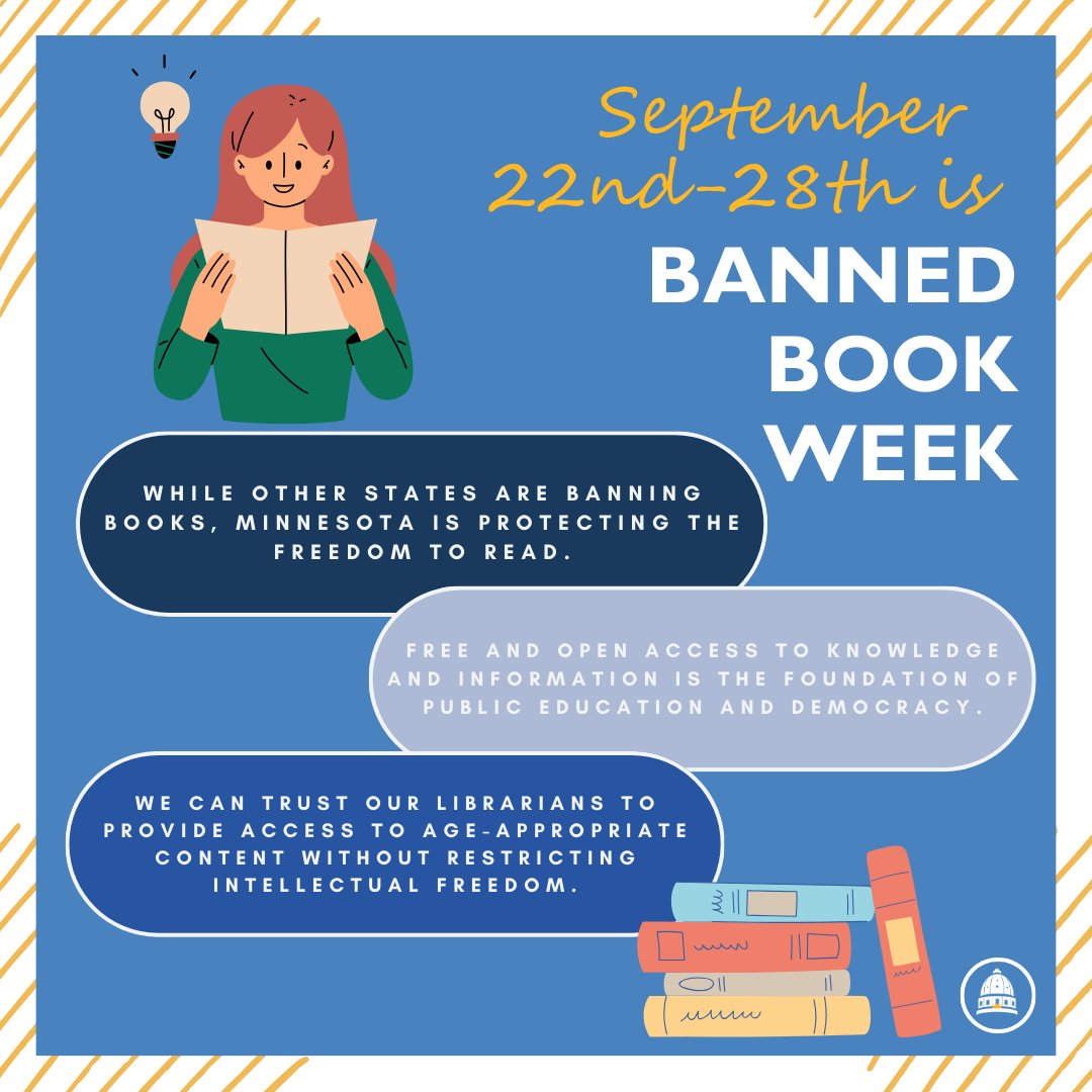 I am the Chief Author of SF 3567, the Omnibus Ed Policy bill. The bill contains the Library Bill of Rights, also called the Book Ban Ban. Protecting students' right to information is paramount in a free society. Thanks to all that helped pass this bill. 
#mnleg #BannedBooksWeek